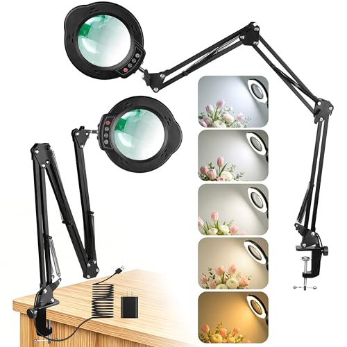 15X Magnifying Glass with Light, Stand & Clamp, Ultra Long 3-Section Swing Arm LED Magnifying Lamp, Dimmable with 5 Color Modes, Hands Free Desk Lamp for Workbench, Repair, Close-Up Work
