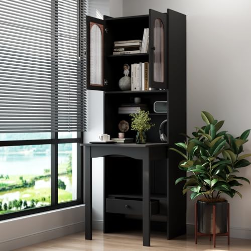 roomfitters Fold-Out Writing Table Secretary Desk with Fluted Glass Door Hutch Storage Cabinet Home Office, Black