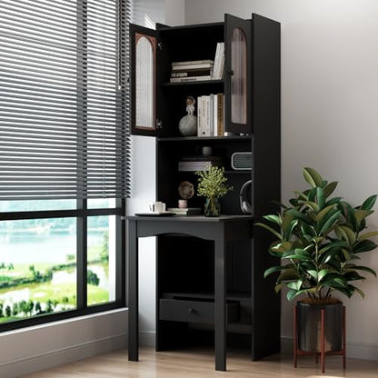 roomfitters Fold-Out Writing Table Secretary Desk with Fluted Glass Door Hutch Storage Cabinet Home Office, Black