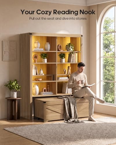 70.9" Tall Bookshelf with Rolling Storage Bench, Multi-Function, Heavy-Duty
