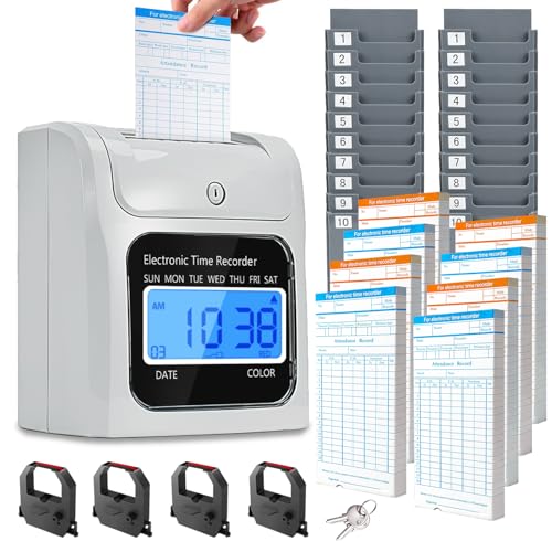 Time Clock Bundle with 400 Time Cards, 4 Ink Ribbons, 2 Ten-Slot Time Card Racks, & 2 Security Keys, Auto-Align Time Clocks for Employees Small Business - style: 400-Card Time Clock Bundle with Keys
