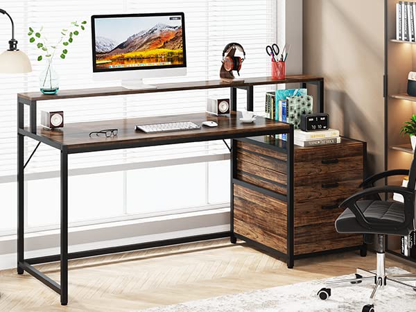 Tribesigns 63 Inch Computer Desk with File Drawer Cabinet, Ergonomic Desk - color: Rustic Brown