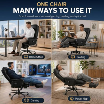 180° Reclining Office Chair with Footrest, PU Leather Desk Chair with 4-Position Backrest and Thick Cushion, Executive Computer Chair for Home Office, Work and Study,Black - color: Black