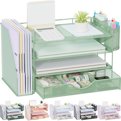 gianotter 4-Tier Desk Organizer with Drawers, File Holders, Letter Trays and Pen Holders - Workspace Accessories for Office Supplies (Sage Green) - color: Sage Green, size: 4T