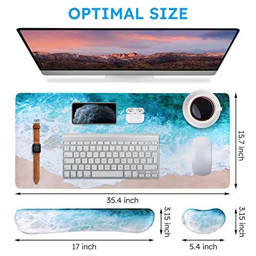 iCasso Beach 3Pcs Table Mat, 35.4"x15.7" Keyboard Pad for Workspace | Modern Thick Desk Pad Including Keyboard Wrist Rest, Mousepad Set for Computer Gaming Vanity Office Workspace Area - color: Beach