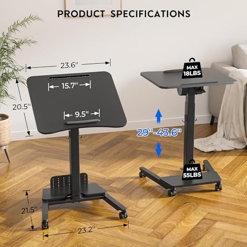 BONTEC Mobile Standing Desk, Adjustable Height, 23.6 x 20.5 Inch, Black - color: Black, size: 23.6" x 20.5"
