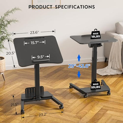 BONTEC Mobile Standing Desk, Adjustable Height, 23.6 x 20.5 Inch, Black - color: Black, size: 23.6" x 20.5"