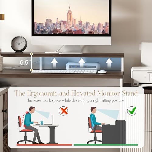 67" Farmhouse L Shaped Desk with Drawers and Printer Stand for Home Office, Computer Desk with Power Outlet, Home Office Desk with Storage Shelves and Monitor Stand, Computer Writing Desk, White