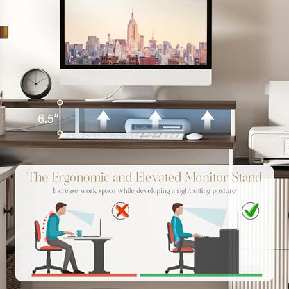 67" Farmhouse L Shaped Desk with Drawers and Printer Stand for Home Office, Computer Desk with Power Outlet, Home Office Desk with Storage Shelves and Monitor Stand, Computer Writing Desk, White