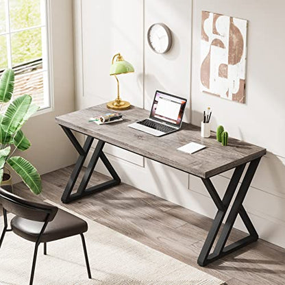 LITTLE TREE 55 Inch Large Simple Industrial Computer Desk Study Writing Table Home Office Workstation,Grey - color: Grey+black