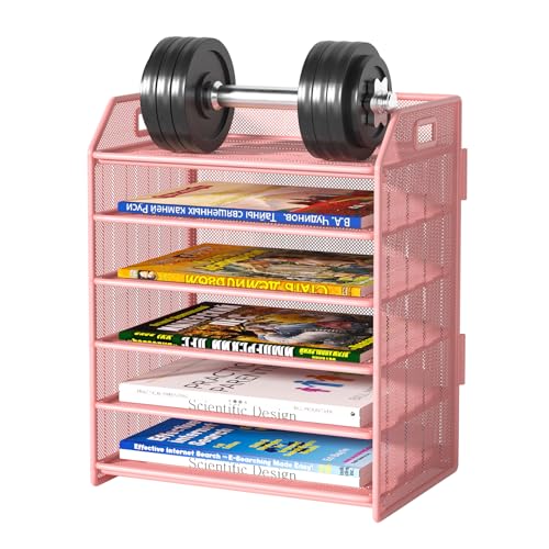 6 Tier Paper Organizer Letter Tray, Metal Mesh Paper Tray Organizer for Desk with Pull-Out Bottom Tray, Desktop File Organizer for Letter/A4 Files, Office Home Classroom, Pink - color: 6-tier Pink