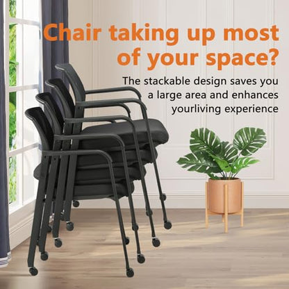 CLATINA Black Waiting Room Chair with Wheels Mesh Back Stacking Arm Chairs with Upholstered Fabric Seat and Ergonomic Lumbar Support for Office School Church Guest Reception, Set of 2