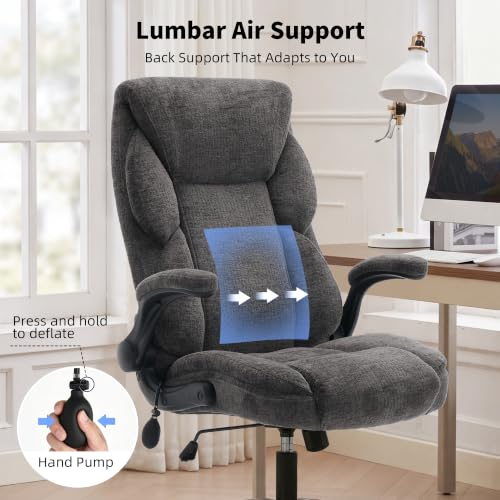 Fabric Office Chair with Inflatable Lumbar Support, Executive Ergonomic Desk Chairs with Flip Arms, High Back Cloth Computer Chair Rocking Function, Heavy Duty Metal Base 300 lbs Capacity| Grey - color: Grey