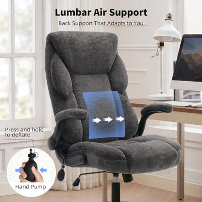 Fabric Office Chair with Inflatable Lumbar Support, Executive Ergonomic Desk Chairs with Flip Arms, High Back Cloth Computer Chair Rocking Function, Heavy Duty Metal Base 300 lbs Capacity| Grey - color: Grey