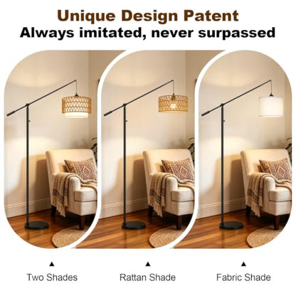 【Upgraded】Boho Dimmable Floor Lamps with Adjustable Swing Arm, 1100 Lumens Bulb Included, Modern Standing Lamp with Rattan & Fabric Shades, Rattan Tall Arc Floor Lamp for Living Room Bedroom, Black - color: Farmhouse-Matte Black