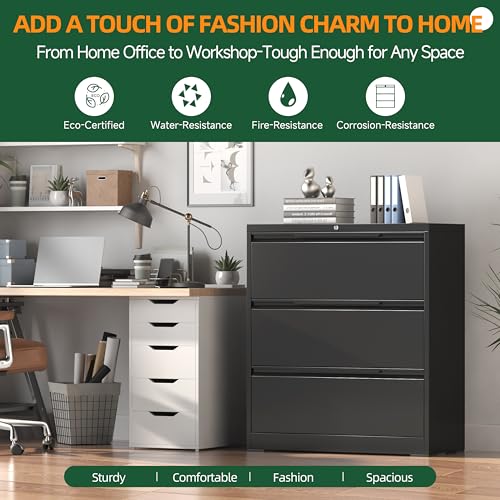 Lateral File Cabinet 3 Drawer, Metal File Cabinet with Lock - color: Black, size: 3 Drawer - Lateral
