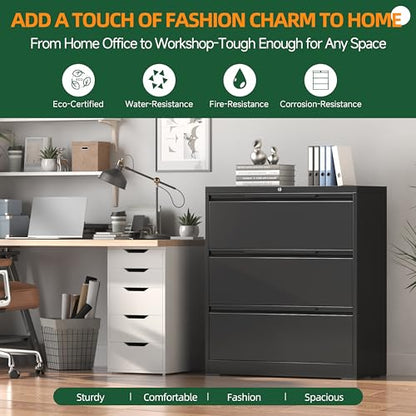 Lateral File Cabinet 3 Drawer, Metal File Cabinet with Lock - color: Black, size: 3 Drawer - Lateral