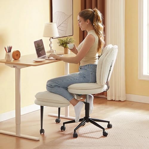 ADHD Cross Legged Office Chair, Swivel Kneeling Meditation Seat | 360° swivel cross-legged chair with reversible seat for ADHD & meditation; adjustable height/depth, plush teddy - color: Off White