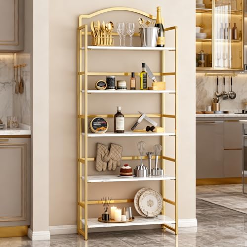 JSB 5 Tier No Assembly Folding Bookshelf, Arched Bookshelf, Foldable Bookcase for Living Room, Bedroom, Office,Skinny Bookshelf (White and Gold) - color: White and Gold, size: 5-Tier