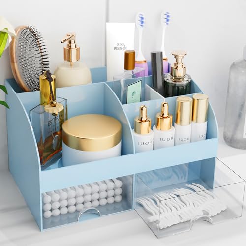 Makeup Organizer with Drawers, Cosmetic Storage for Dresser Vanity and Bathroom Countertop, Beauty Holder for Lipstick Brush, Skincare Organizer for Vanity, Cosmetic Display Case (Blue) - color: Blue