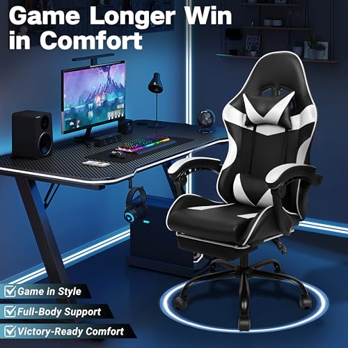 Gaming Chair with Footrest and Lumbar Support, Height Adjustable Chair with 360°Office Desk Chair,Heavy Duty 330lbs Computer Chair for Adults - color: White & Black
