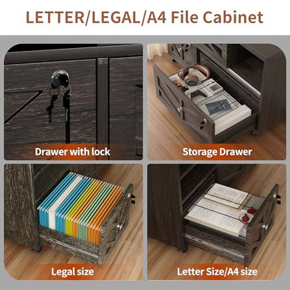 Gray Lateral File Cabinet with Lock, 2 Drawer Rolling Filing Cabinet for Home Office, Mobile Storage Cabinet with Open Shelves & Sliding Door, Fits Legal/Letter/A4 Files, Herringbone Design - color: Gray Herringbone-2 Drawers