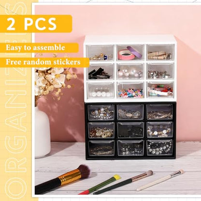 Wenqik 2 Pcs Mini Storage Drawers with 9 Clear Drawers,Black, White - color: Black, White