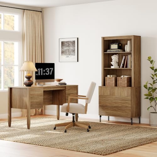 WAMPAT Fluted Executive Desk with Drawers, 58" Modern Home Office Computer Desk with Charging Station, Storage Shelves, Wooden Writing Desk for Home Office, Work Study Writing, Walnut - color: Walnut