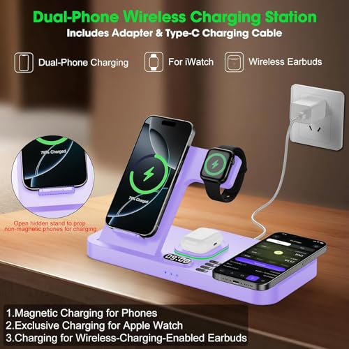 Dual Phone Foldable Wireless Charging Station for Apple, Couple&Family Use - color: Purple