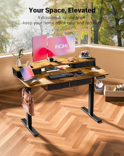 FiCiHi 48x24 Inch Electric Standing Desk, 4 Drawers, Adjustable Height Desk - color: Rustic Brown, size: 48"x24" (4 Drawers)