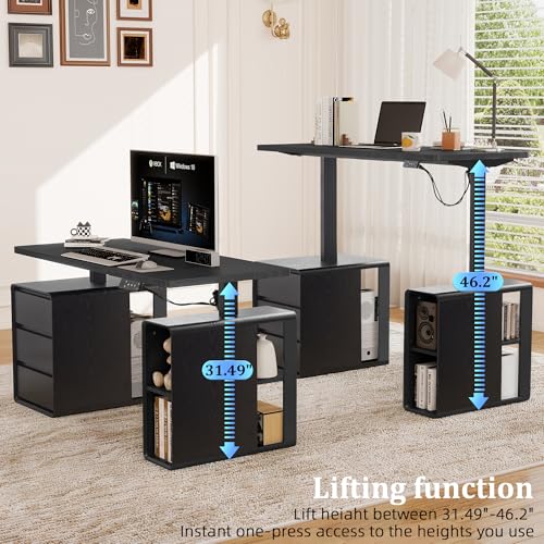 Electric Standing Desk with Drawers, 55" Office Desk Height Adjustable Executive Desk with Storage Shelves, Simple Setup Wood Desk Home Office Stand up Desk for Work, Study, Writing, Black - color: 55'' Black