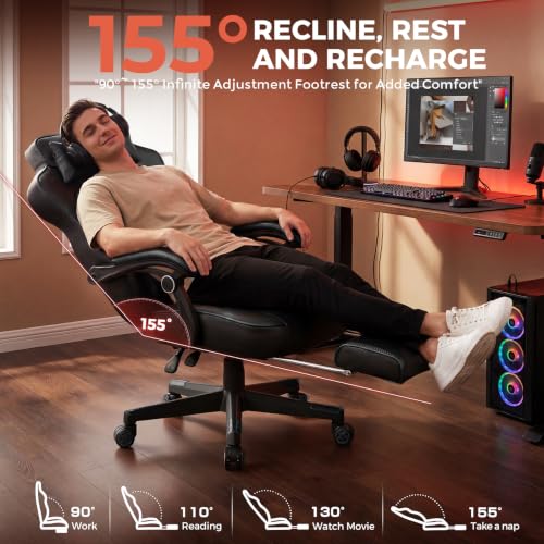 GTPLAYER Gaming Chair with Footrest, 350LBS Big and Tall Office Chair, Ergonomic High Back Lumbar Support and Recliner for Back Pain Relief, Black - color: Black