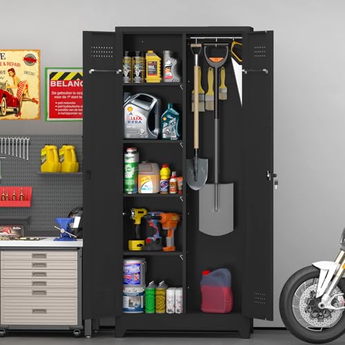 GREATMEET Broom Closet Storage Cabinet, Garage Storage Cabinet with Dooors,Lockable Cabinet, Black - color: Black, size: 73"H