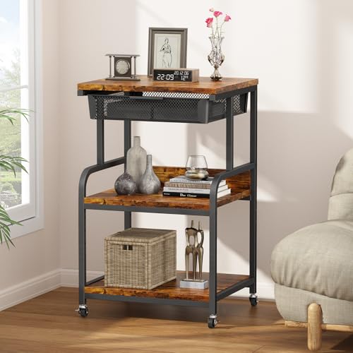 Large Printer Stand with Drawer, 3-Tier Industrial Rolling Cart | 5 Adjustable Shelves, Mobile Printer Table for Desk & Home Office, Fits 3D Printer, Scanner and Fax Machine Rustic Brown - color: Rustic Brown, size: Large(19.7"L X 15.7"W X 32.2"H)