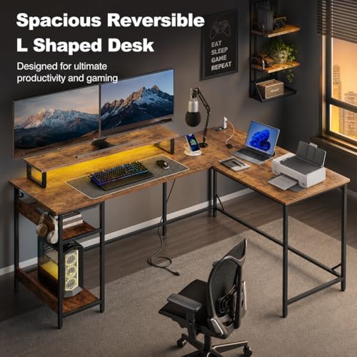 DEVAISE 60 Inch L Shaped Gaming Desk with LED Lights, Rustic Brown | Steel frame and engineered wood desktop with 2 AC outlets, 2 USB ports, monitor stand, and shelves for gaming setups - size: 60 Inch