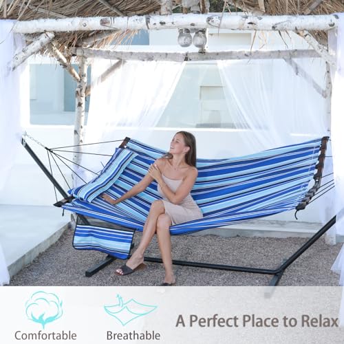 TegerDeger 12FT 2 Person Hammock with V Shaped Spreader Bar -Blue Stripes - color: Blue Stripes