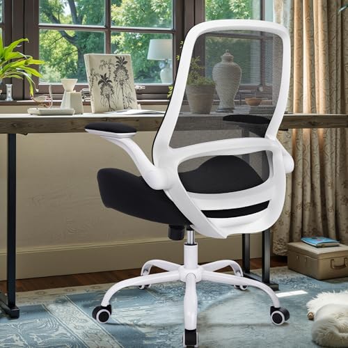 Office Chair Ergonomic Chair with Flip up Armrests, 5" Thickened Seat Computer Chair with Breathable Mesh Back Home Office Computer Chairs for Long Hours Mesh Office Chair(White Base&Black) - color: White&black