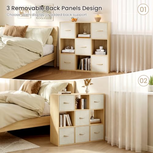EXPERLAM 9 Cube Storage Organizer - Solid Wood Bookshelf with 5 Storage Bins, Cube Shelf with 3 Removable Back Panels, Vertical or Horizontal Bookcase, Open Book Shelf for Bedroom, Living Room, Office - size: 9 Cube Shelf