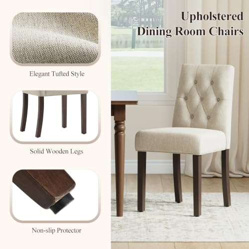 Upholstered Dining Chairs Set of 4, Modern Fabric Dining Chairs with Tufted Design, Kitchen Side Chairs, Farmhouse Dinner Chair with Wood Legs for Kitchen Restaurant Living Room, Beige - color: Beige, size: Set of 4