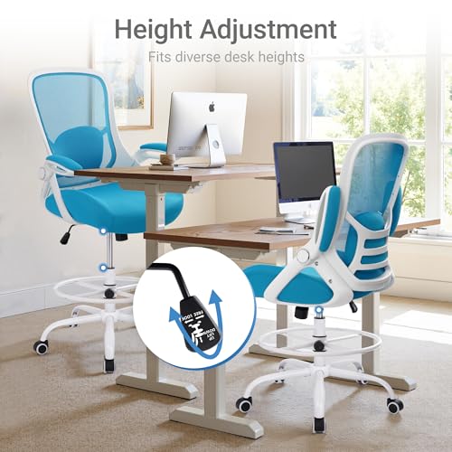 HYLONE 400lbs Heavy Duty Drafting Chair 5" Thickened Seat Office Chair with Flip-Up Armrests Tall Ergonomic Computer Chair with Lumbar Support and Adjustable Footrest Ring Standing Desk Chair (Blue) - color: Blue