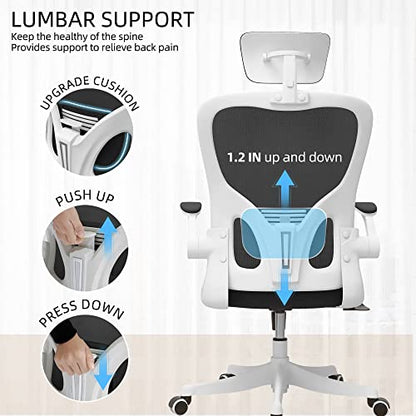 Monhey Office Chair, Ergonomic Office Chair with Lumbar Support & 3D Headrest & Flip Up Arms Home Office Desk Chairs Rockable Computer Chair Multi-Angle from 90° to 130° with 350LBS CapacityChair - color: 02white+black