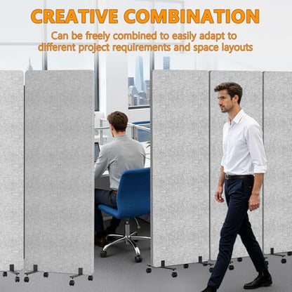 Soundproof Room Divider with Wheels, 66in Acoustic Room Divider Panel, 3 Panel Office Partition Wall for Noise Cancelling, Portable Temporary Wall Cubicle Divider (Light Grey) - color: Light Grey