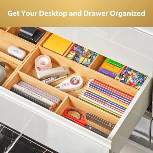 Umilife Large Bamboo Desk Drawer Organizer, Wood Office Junk Tray, 15"x12" | 2.4" Tall for Deep Drawer - Adjustable slots - Anti Slip Silicone Pads - Versatile Storage Box in Kitchen, Pantry - size: 15"x12"
