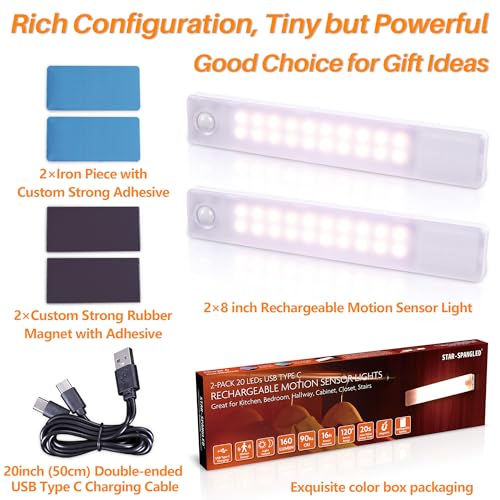 STAR-SPANGLED Under Cabinet Lighting Rechargeable, 8 inch Motion Sensor Lights Indoor Battery Operated, USB Stick on LED Magnetic Closet Light for Counter, Stairs, Kitchen, Warm White, 2 Pack - color: Warm White