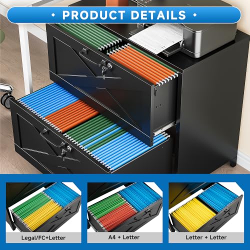 BYNSOE 2 Drawer Lateral File Cabinet Metal Filing Cabinet with Lock Office Home Steel Lateral File Cabinet for A4 Legal/Letter Size Lockable Wide Metal Cabinet,Assembly Required - color: Black, size: 2 Drawers-3