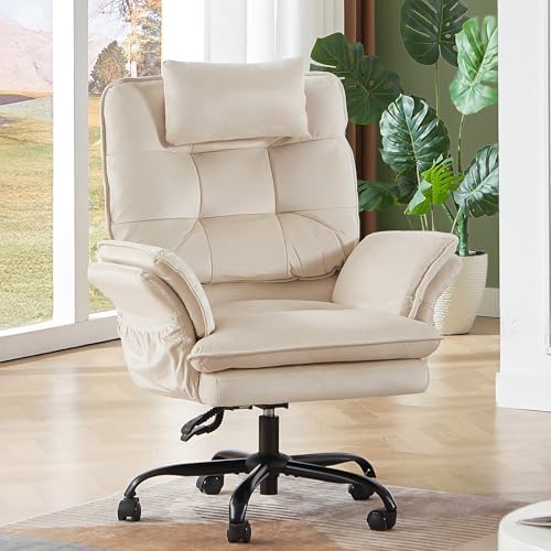 Bestier Swivel Executive Chair with Wheels and Headrest, Velvet Beige | 135° Reclining office chair with Flip-Up Armrests and Side Pockets, Wide and Tall Computer Gaming Chair for Home Makeup - color: Beige Velvet, size: High Back