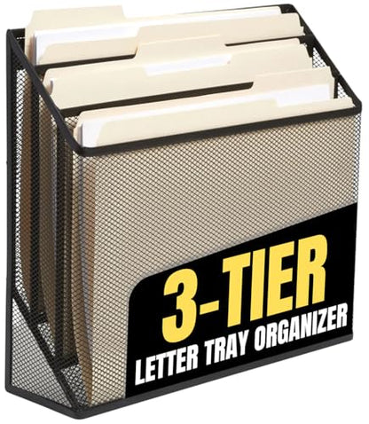 1InTheOffice 3 Tiers File Folder Organizer, Desk Sorter, Black Mesh Organizer