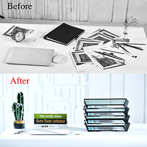 SETTFRFE 4 Tier Metal Letter Tray Desk Organizer-Stackable Paper Tray,Black | Desk Tray Organizer with Reinforced Edges,Stackable File Trays Organizers and Storage System for Office,School,Home