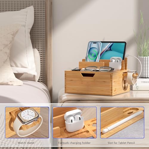 Pezin & Hulin Charging Station Dock with Charger HUB and Cables-Natural | Nightstand Docking Station with Lined Tray & Drawer for Multi Device, Compatible with Tablet, Cell Phones, Watch & Earbuds - color: Natural (With Charger)