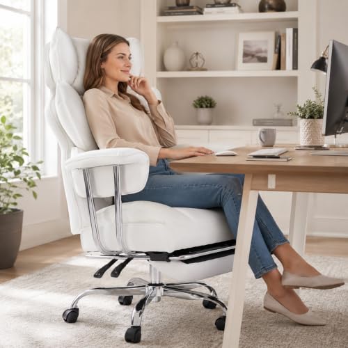 Big and Tall Office Chair, Ergonomic Executive Desk Chair with Footrest and Lumbar Support, Heavy Duty PU Leather Reclining Computer Chair with Extra Wide Seat for Home Office, Beige - color: Beige
